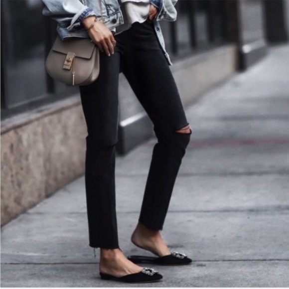 FRAME High Rise Le Nouveau Straight Leg Denim Distressed Black Raw Hem | 25 - Picture 3 of 11